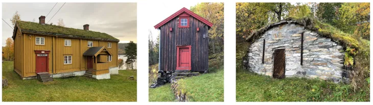 En liten okerfarget trønderlån, et stabbur og en jord/steinkjeller som ligger inne på museumsområdet