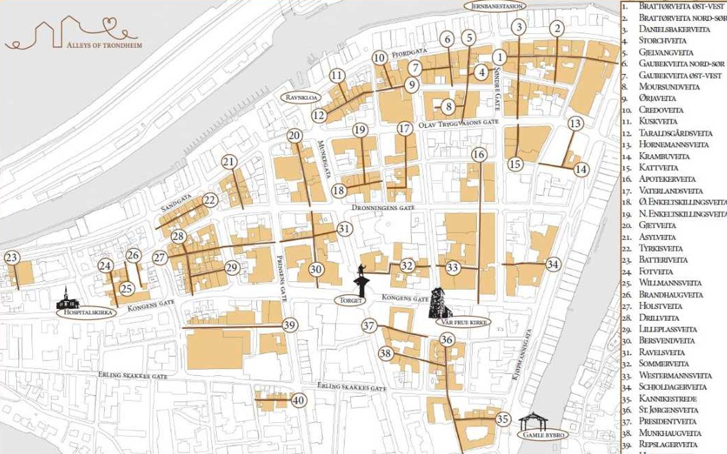 Kart over veiter i Midtbyen