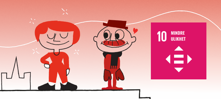 En lyserød illustrasjon viser to tegneseriefigurer som står på toppen av en trapp. Til venstre står en smilende person med kort, oransje hår og rød dress, selvsikkert med hendene i siden. Til høyre står en annen smilende person med hatt, skjerf og store lepper. Til høyre er det et stort, kvadratisk ikon som representerer FNs bærekraftsmål 10, merket med tallet "10" og teksten "MINDRE ULIKHET" på norsk.