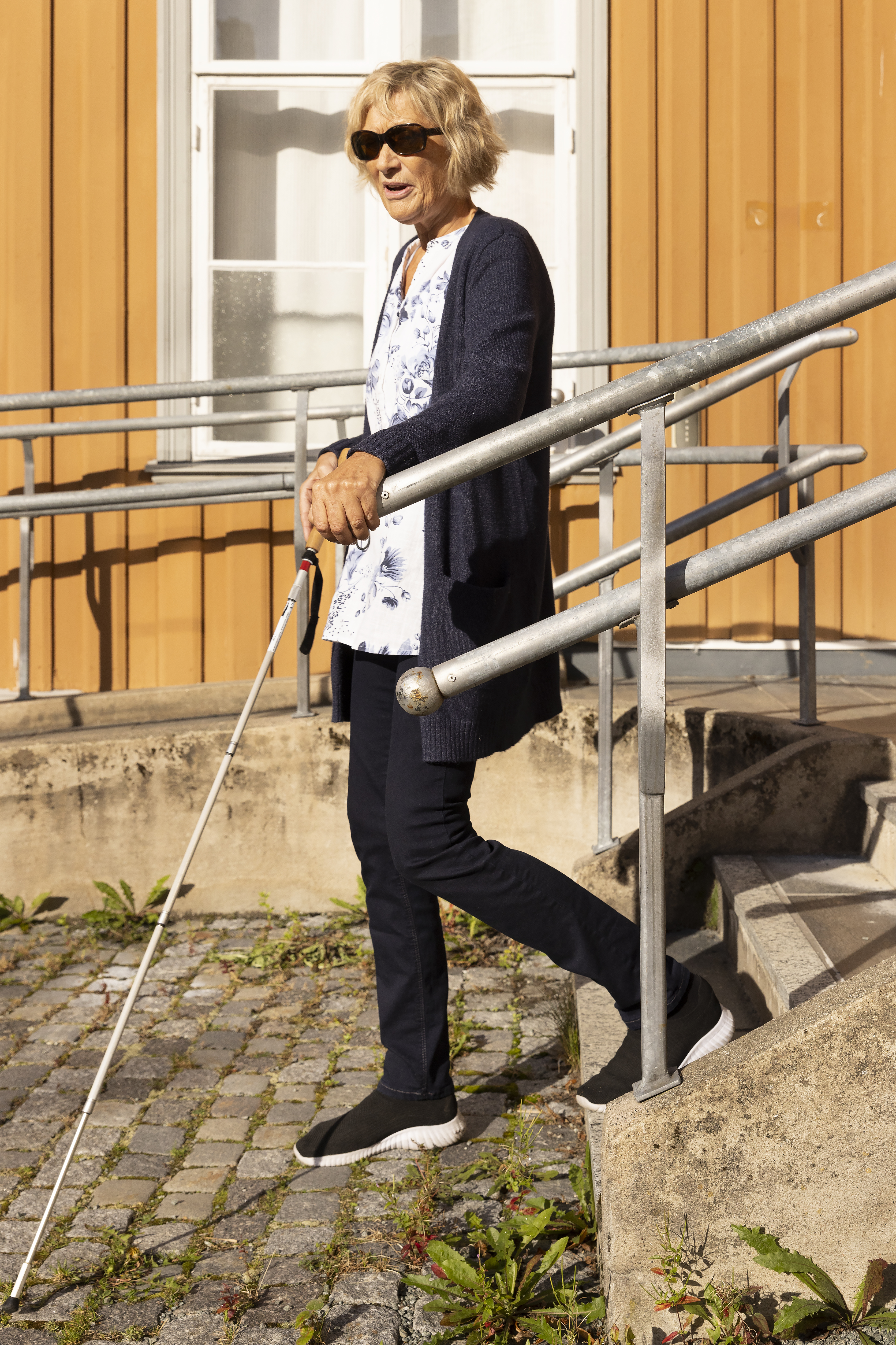 trapp med h&aring;ndl&oslash;per som g&aring;r forbi nederste trinn. Person g&aring;r i trapp