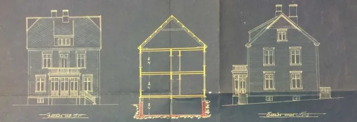 Fasadetegning fra byggesaksarkivet.