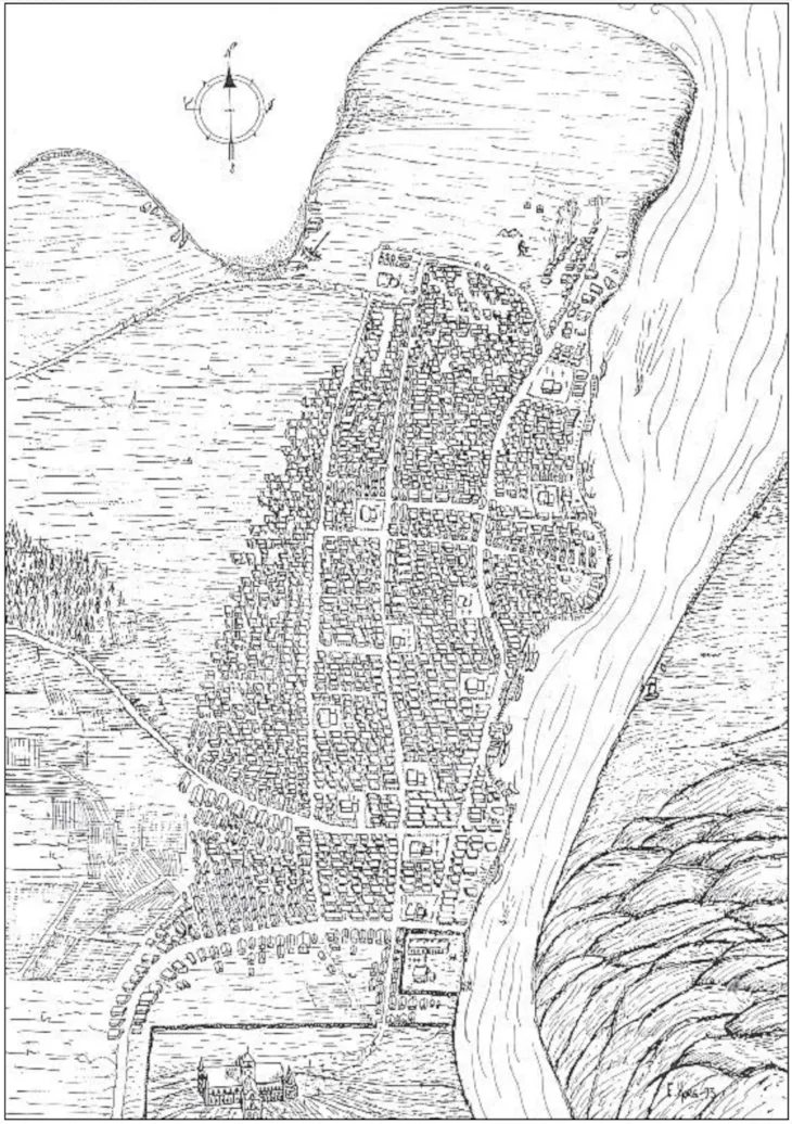 Tegning av Nidarneset med antatt bebyggelse år 1300.