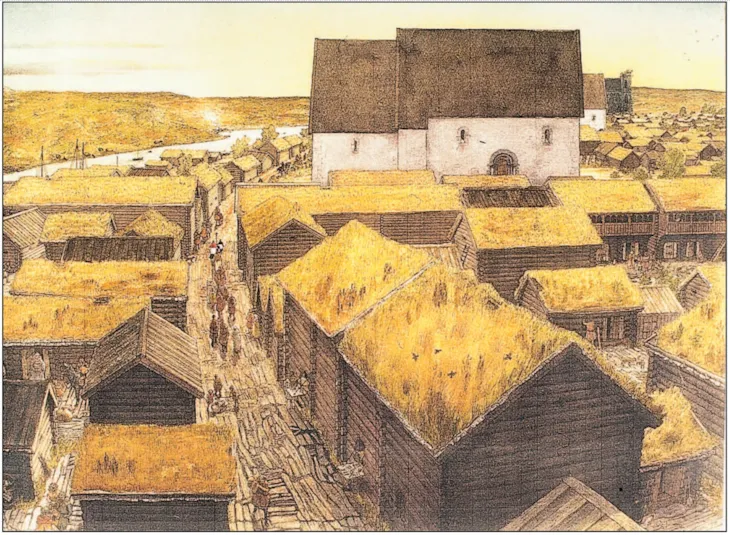 Tegning av  tømret middelalderdebyggelse og kirker av stein