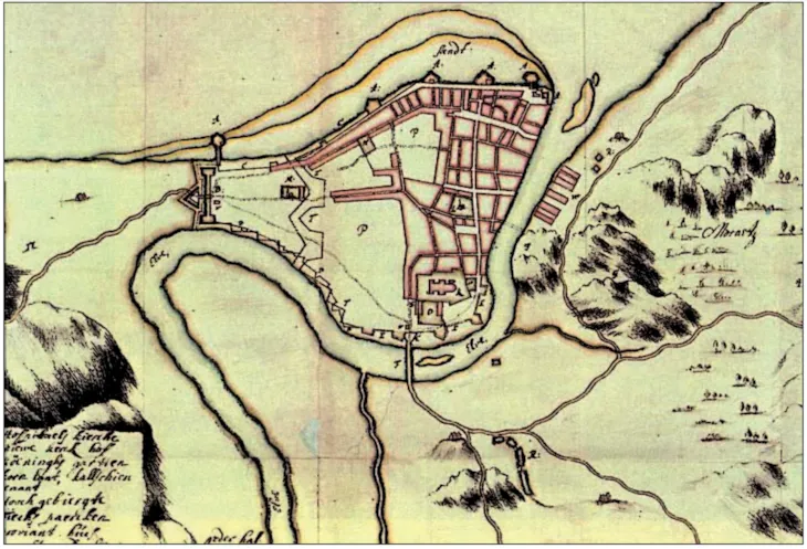 Kart som viser Trondheims gatenett før bybrannen 1681