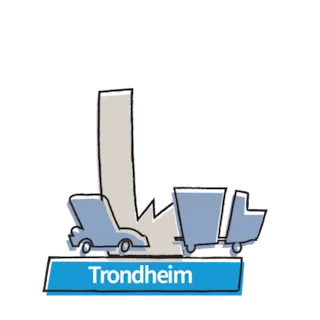 Tegningen viser en høy, grå skorstein i midten. To tegnede kjøretøy, en bil og en lastebil, er avbildet nederst. En blå stripe med teksten "Trondheim" er plassert under kjøretøyene.