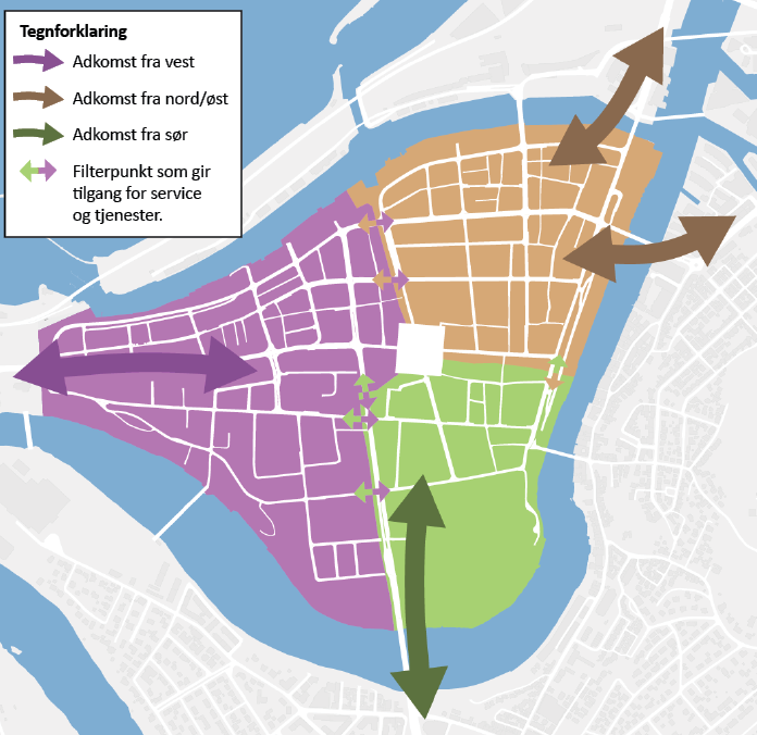 Kart som viser tre soner for kjøring