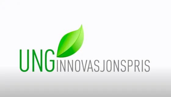 Bilde av logoen til UNG innovasjonspris. Ung står i grønt, resten i grått. Bilde av et grønt blad over i i innovasjon.