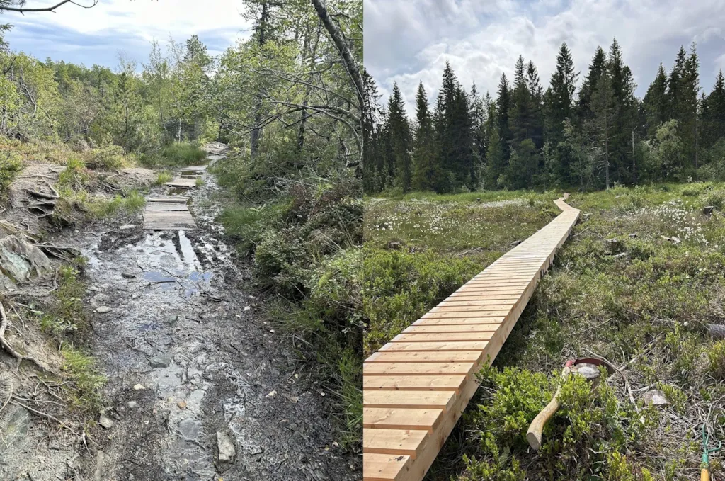 Bilde av sti under oppgradering ved Våttakammen og en nylagt sti over Lianmyra