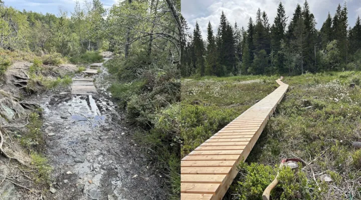 Bilde av sti under oppgradering ved Våttakammen og en nylagt sti over Lianmyra