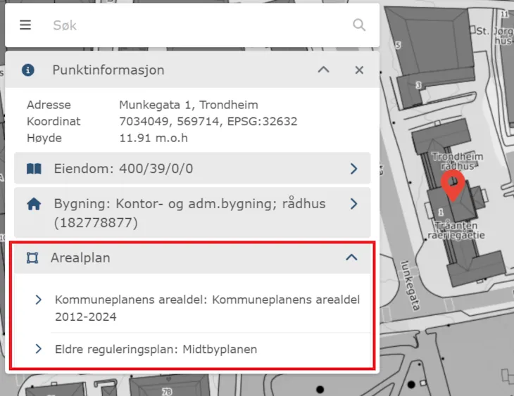 Skjermbilde fra kartløsning som viser eier