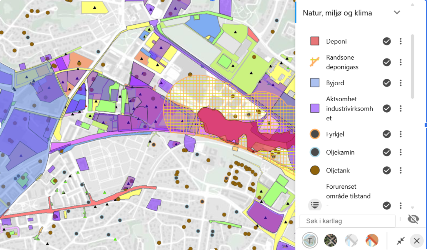 Utdrag fra aktsomhetskartet for forurenset grunn.
