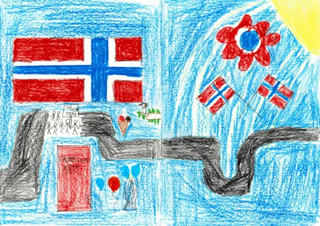 fargerik barnetegning fra barn ved Utleira skole