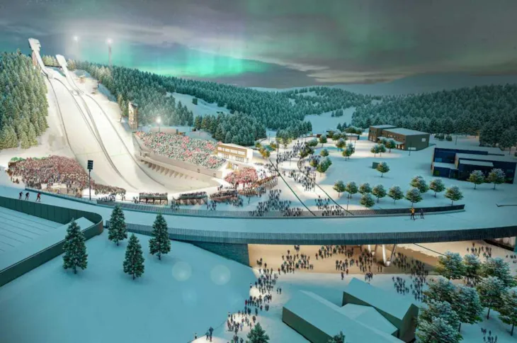 Hoppbakkene i Granåsen dekket av snø med nordlys på himmelen. Illustrasjon