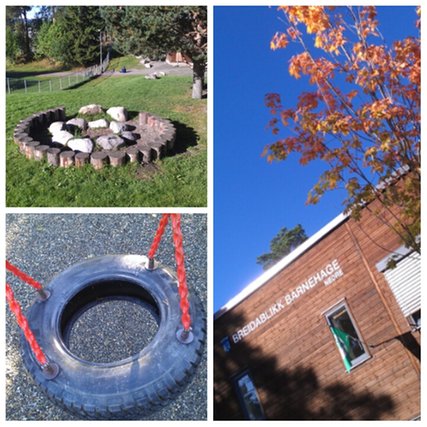 Foto av bygget, huske og uteleikeplassen.