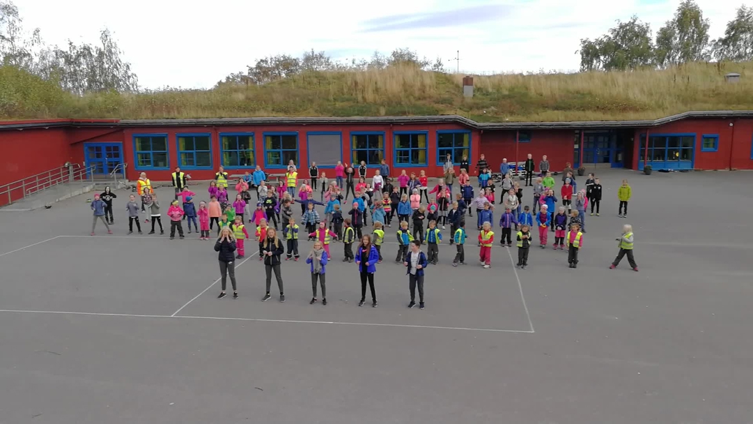 Elever danser bli-med-dansen foran Rye skole