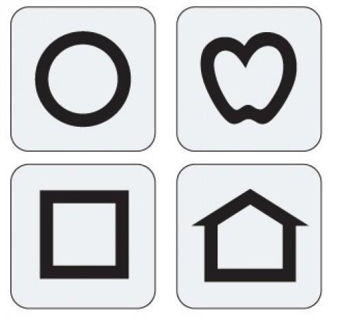 Fire figurer til synstest. Sirkel, eple, firkant, hus