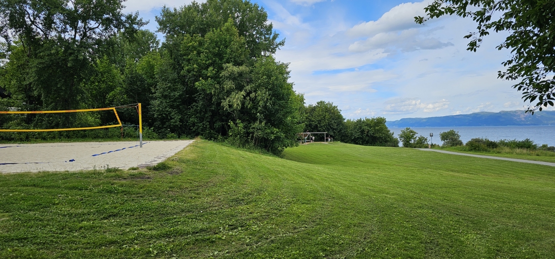 Foto av gressplen med volleyballbane