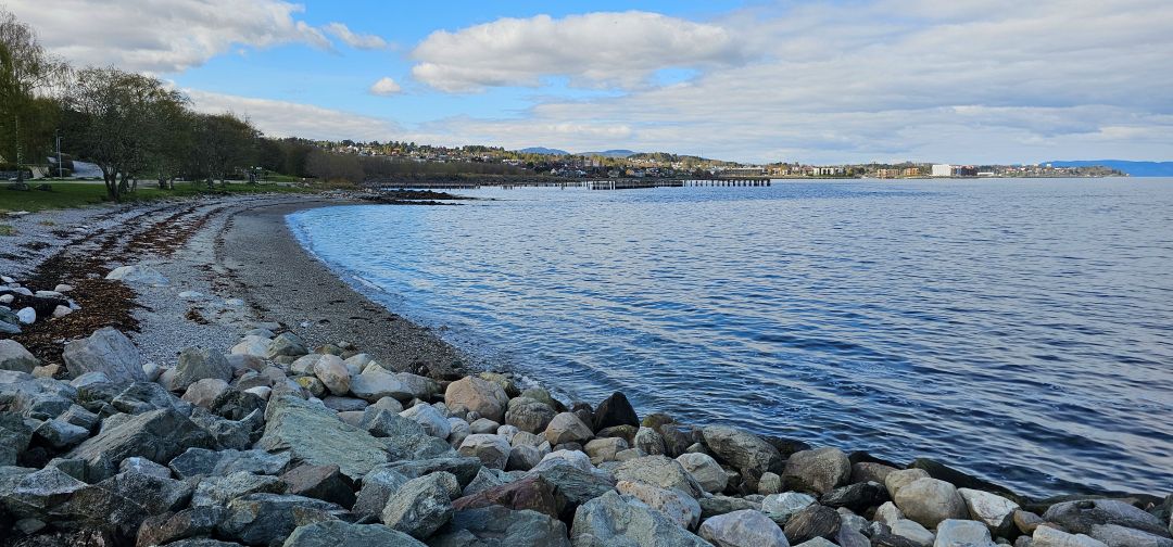 Badebukt ved fjorden med badebrygge