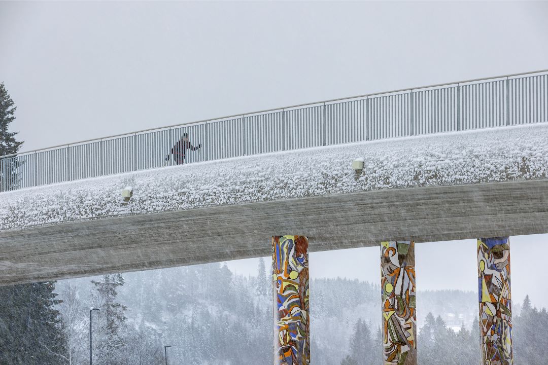 En bro med skil&oslash;per som g&aring;r over, s&oslash;ylene under broen er dekorert
