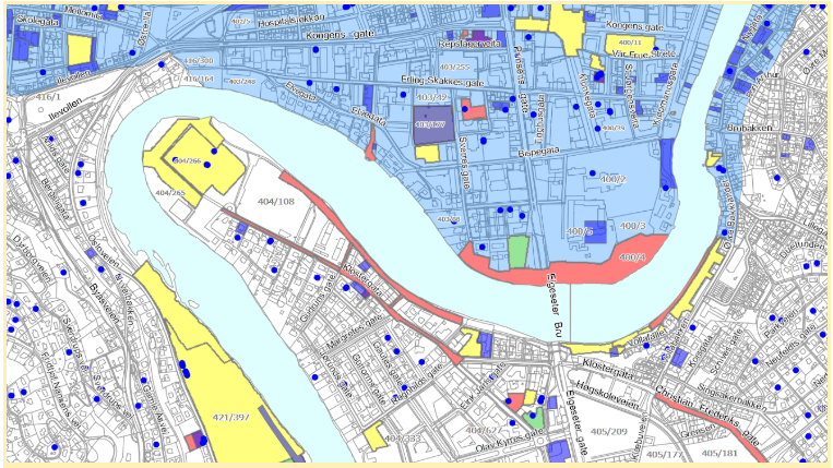 Utdrag fra aktsomhetskartet for forurenset grunn.