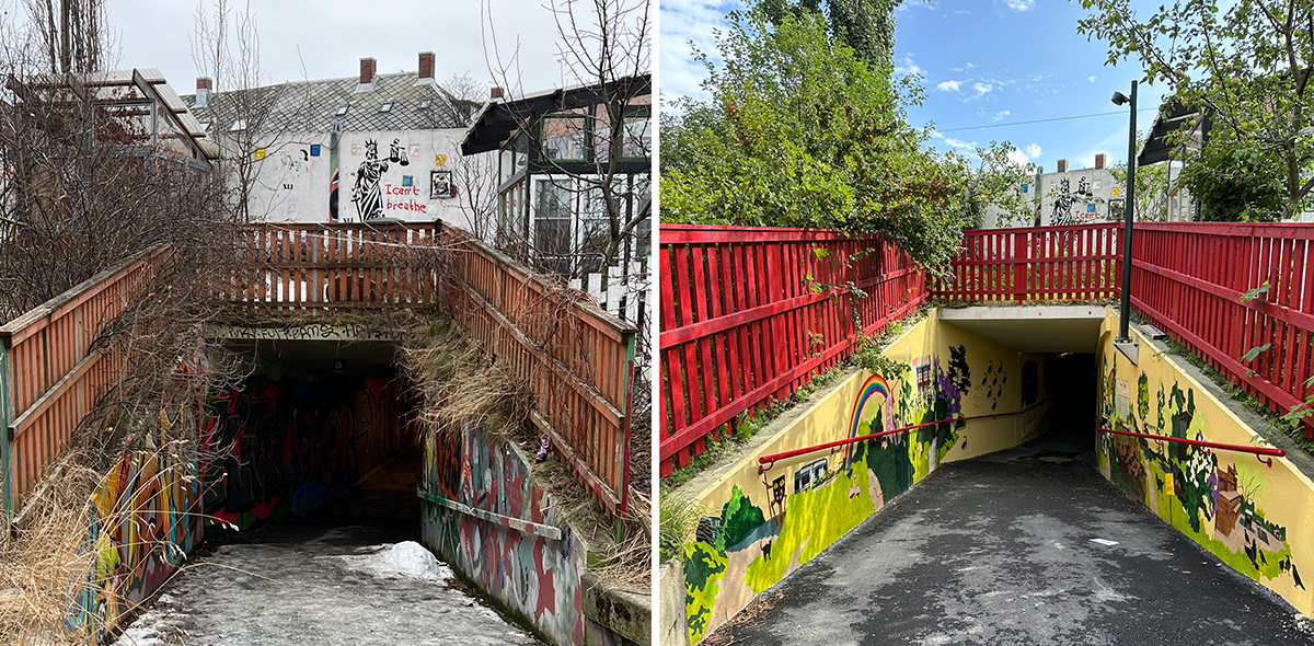To bilder som viser før og etter oppgradering av undergang