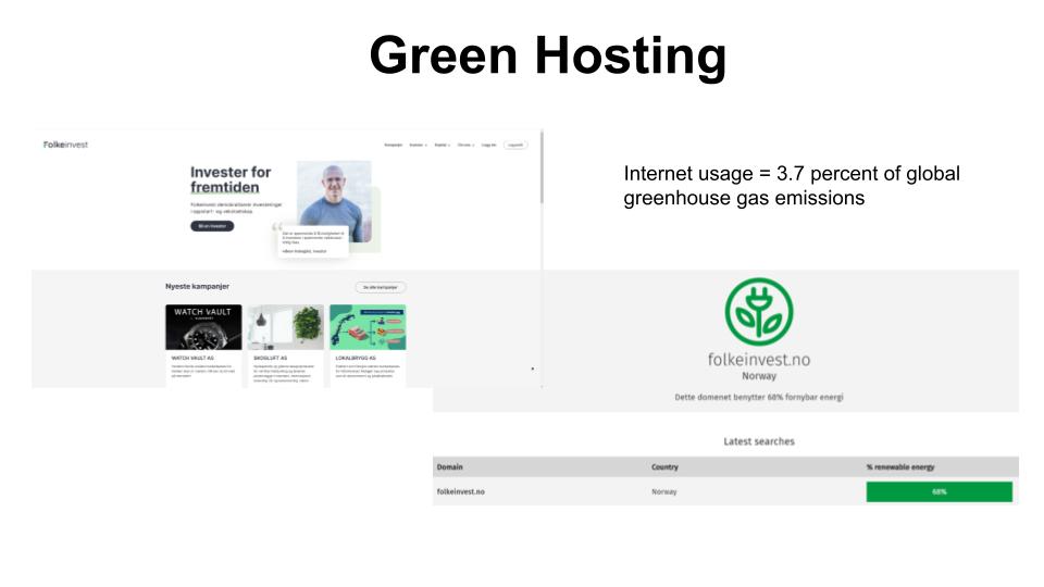 Bilde av en slide som omhandler Green hosting.