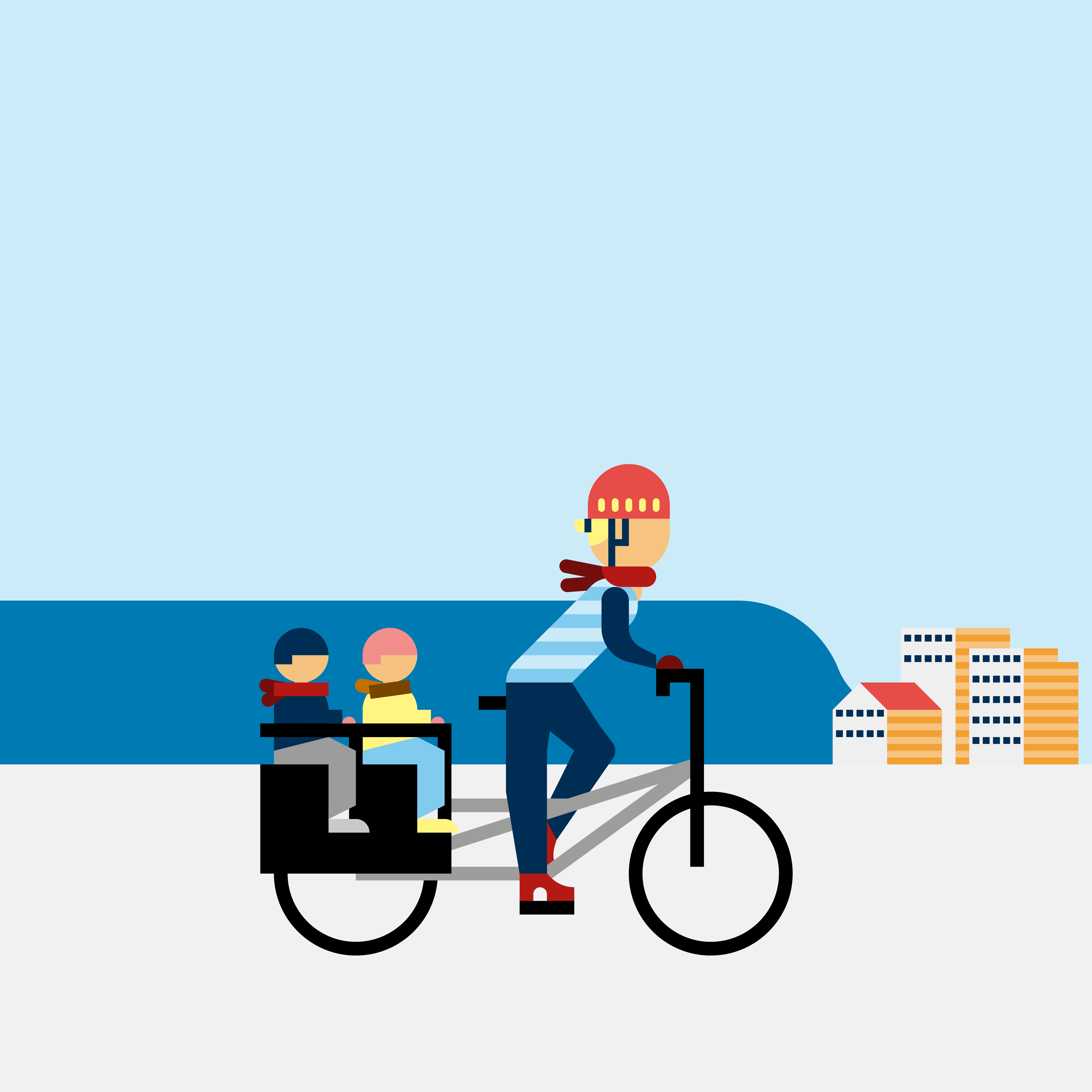 Illustrasjon av syklist med barn bakpå.