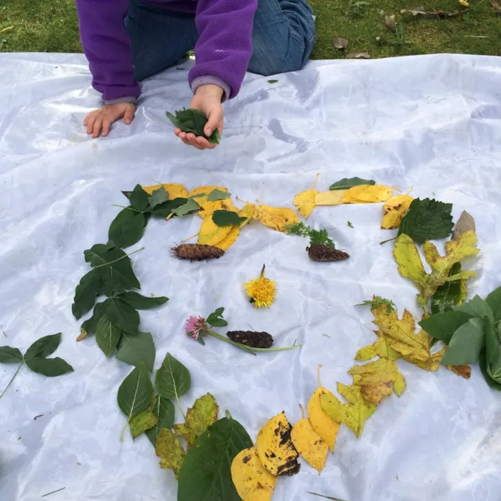 Bilde av barns hender som lager kunst av naturmateriale