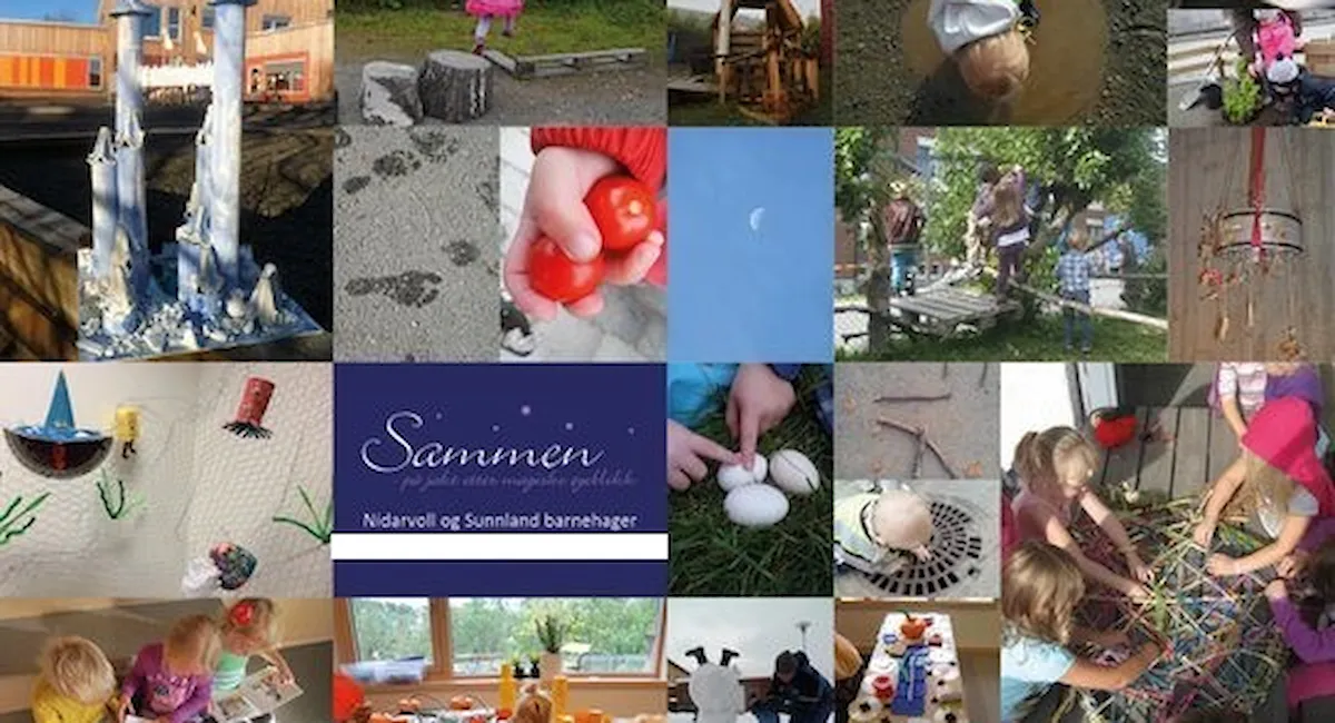 Kollasje av barnehageunger i lek og kunst laget av barn