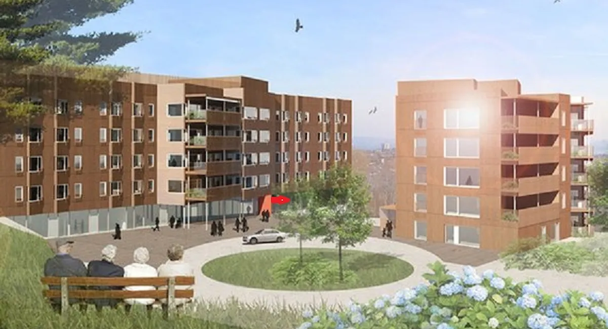 Arkitekttegnet illustrasjon av administrasjonsbygg til Strindheim hjemmetjeneste