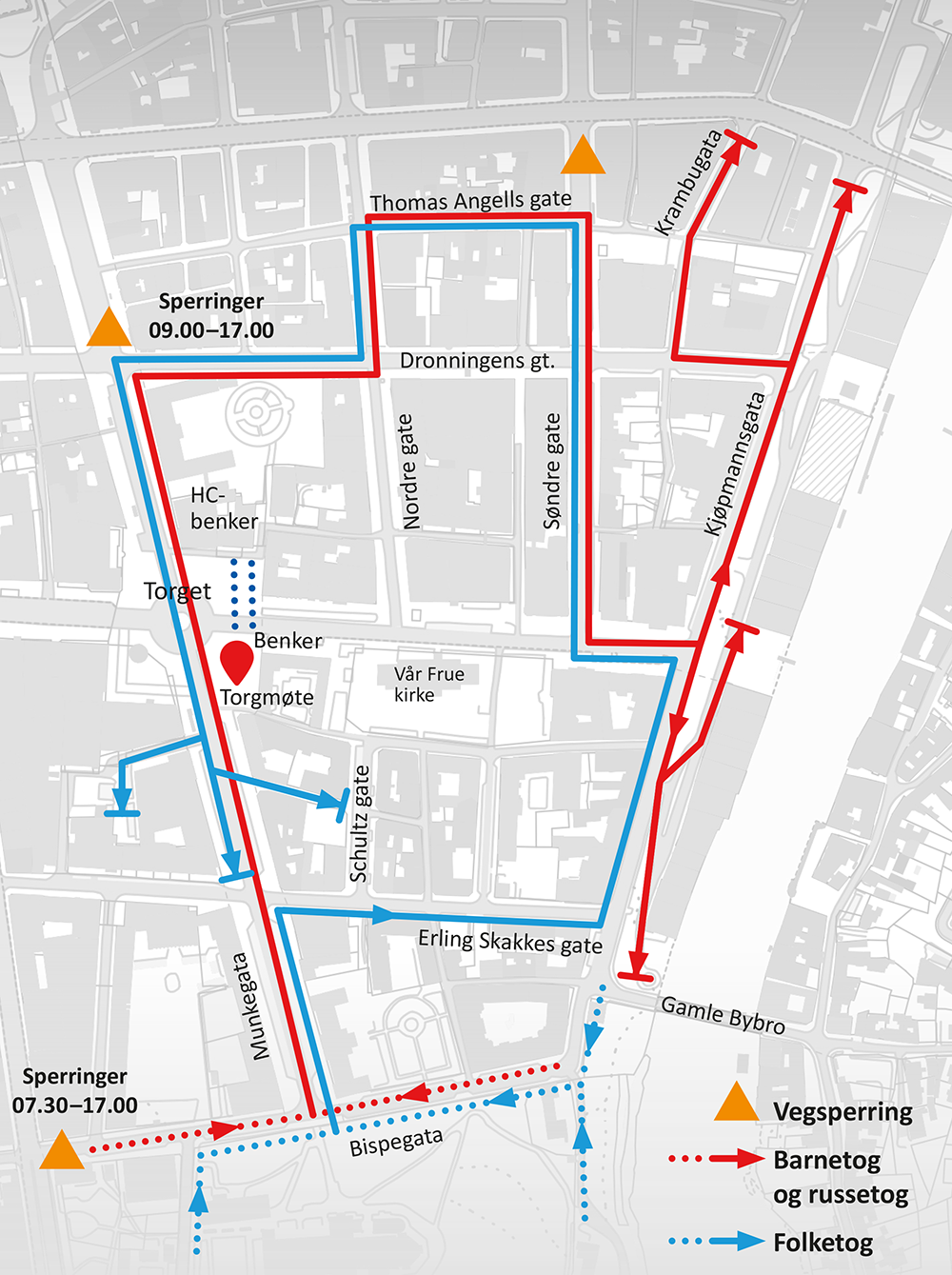 Kart som viser togrutene til barnetoget og folketoget