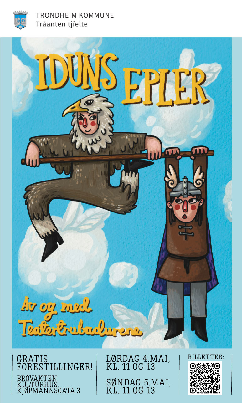 Plakat for forestillingen "Iduns Epler". En person er kledd ut som en stor ørnefugl, og holder en lang stokk. Fra stokken henger det en jente ikledd vikingklær. Begge er langt oppe i lufta.