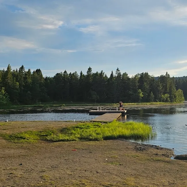 Foto av badebrygge og folk som bader i Kyvannet