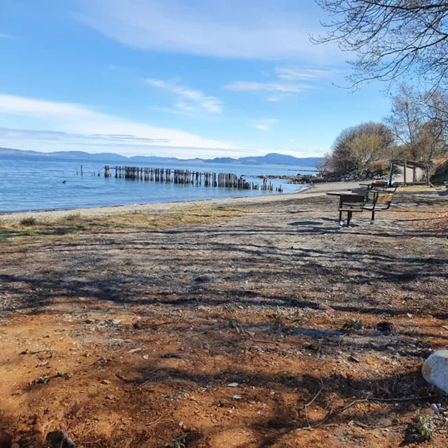Tømmerstranda ved fjorden med benker og gapahuk