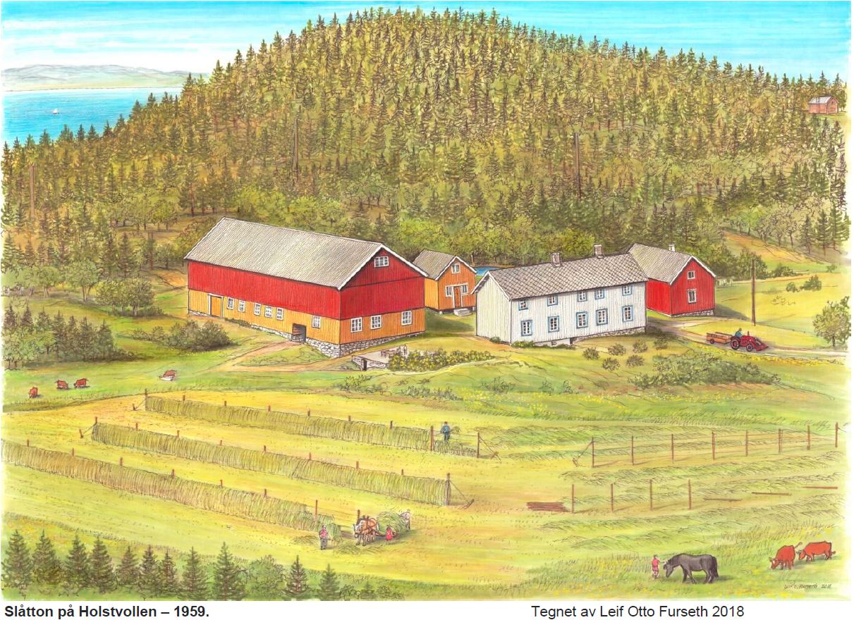 Slåtton at Holstvollen - 1959. Illustration by Leif Otto Furseth 2018