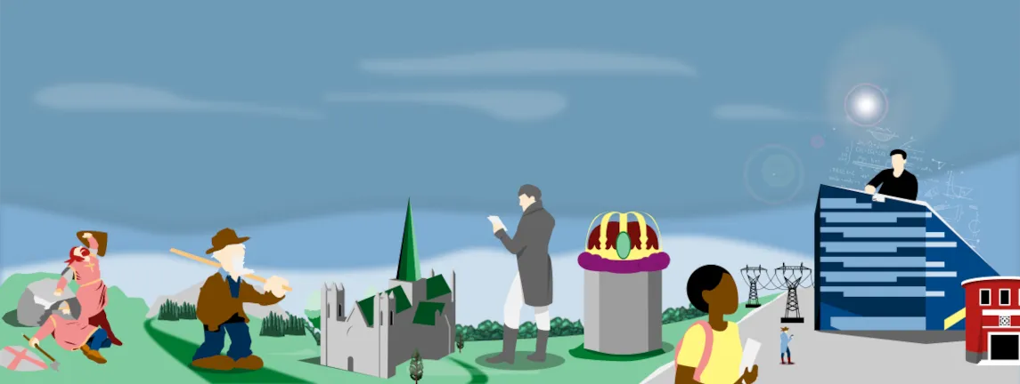 Illustrasjon som viser en viking, pilgrim, nidarosdomen, eidsvollmann og bygget powerhouse Brattøra