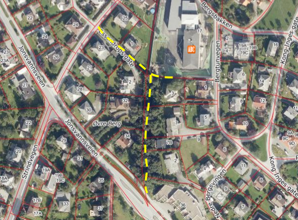 Illustrasjon viser planlagt trasé for snarveien til Berg skole, fra Essendrops gate og Jonsvannsveien til Berg skole.