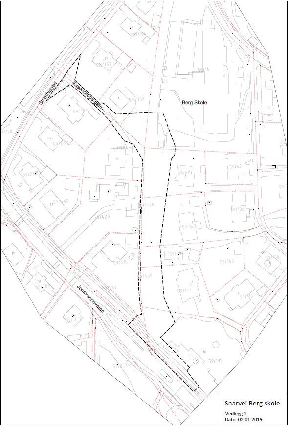 Plankart: Snarvei Berg skole R2 Planavgrensning oppstartsvarsel.