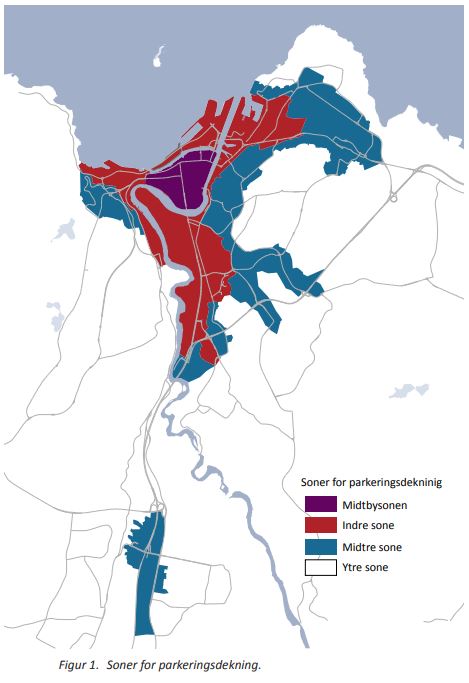 Kart som viser parkeringssonene Midtbysonen, Indre sone, Midtre sone og Ytre sone