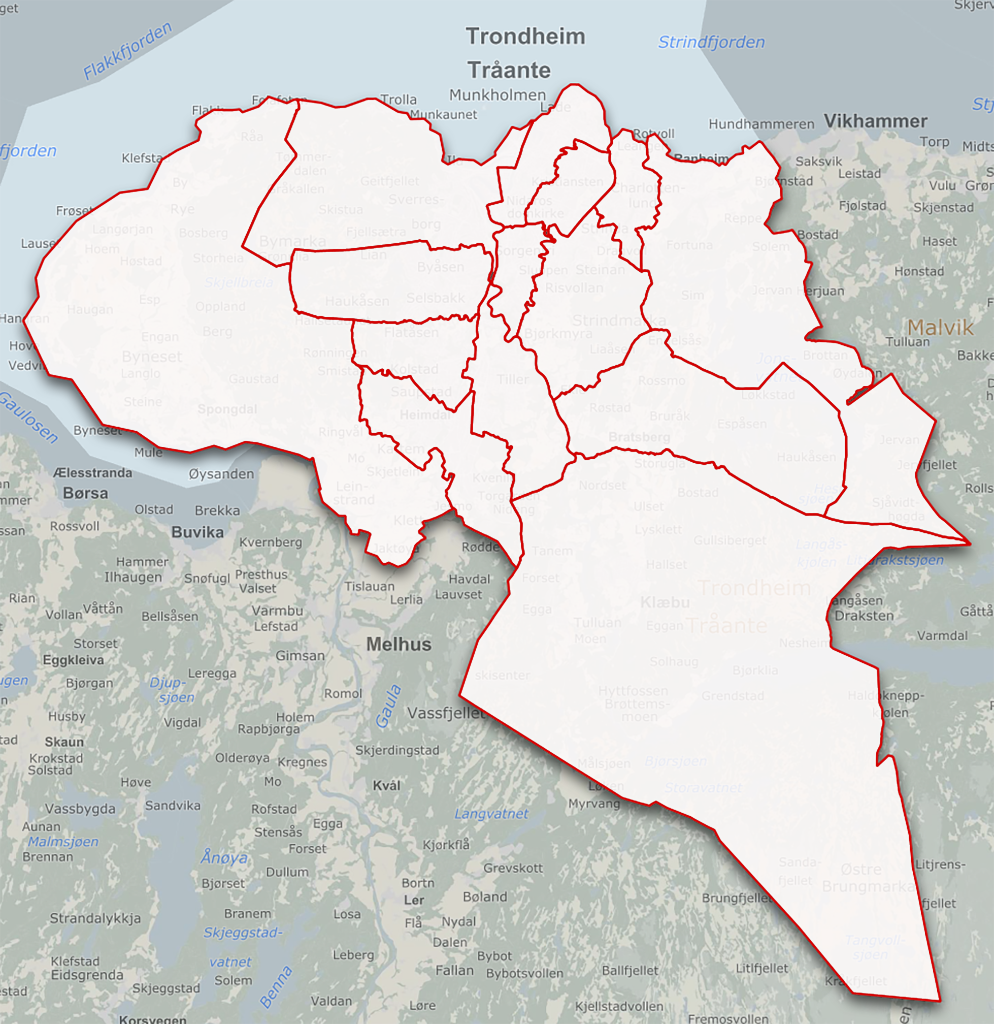 Et kartutsnitt av Trondheim kommune, med uthevet kartlag som viser inndelingen i 13 oppvekstområder