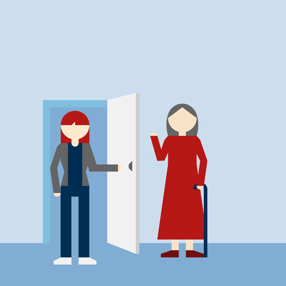 illustrasjon av en person som åpner en dør og tar imot en person med stokk