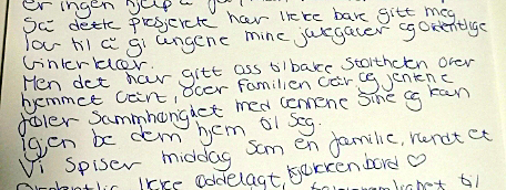 Utdrag fra et håndskrevet takkebrev fra ei firebarnsmor til Trondheim kommune
