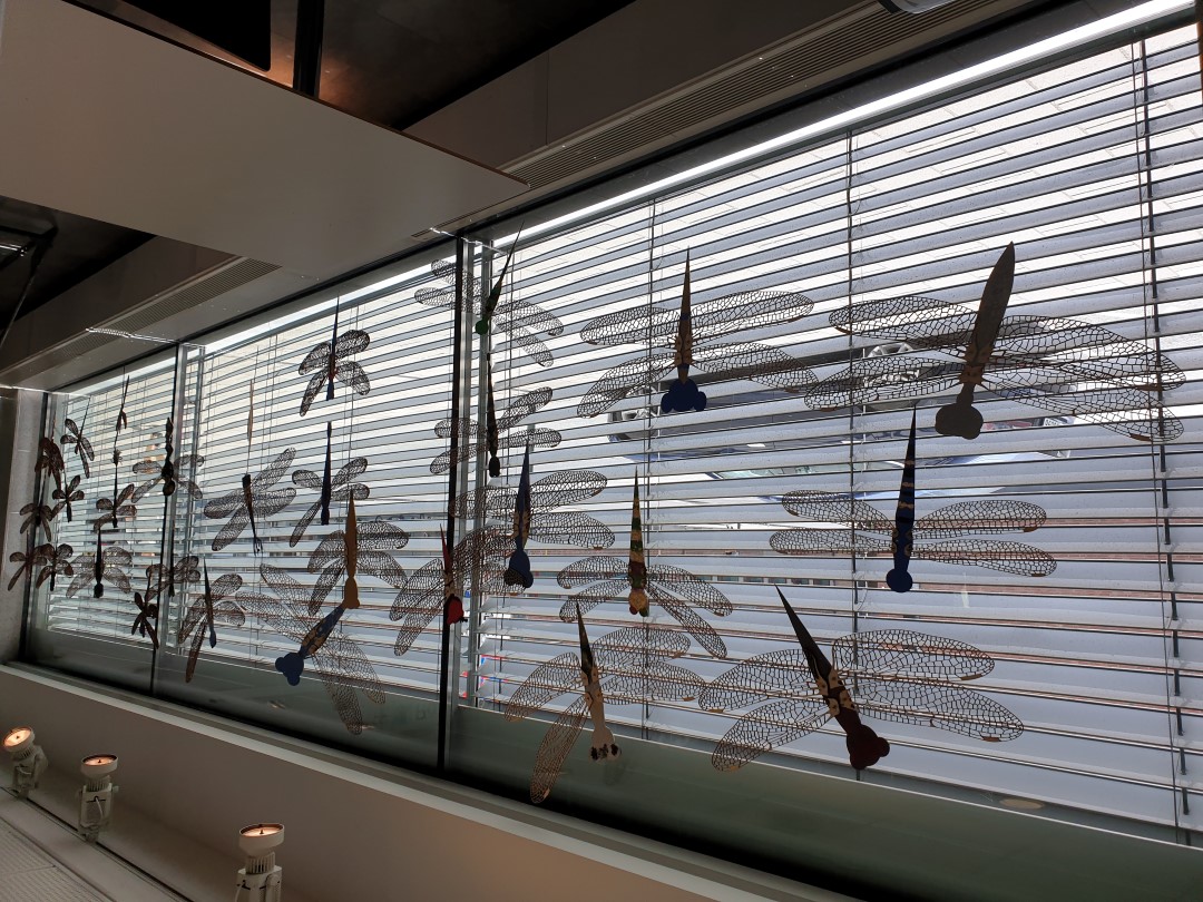 Bilde av øyenstikkere i et av vinduene ved Bytorget. Øyenstikkerne er laget av skoleelever fra Trondheim og India.