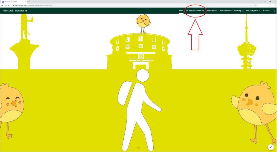 Illustrasjon av nettsiden nærtur. Viser studentersamfundet, Olav Tryggvasonstatuen og Tyholttårnet i bakgrunnen. Foran, en person med sekk på ryggen og to fugler.