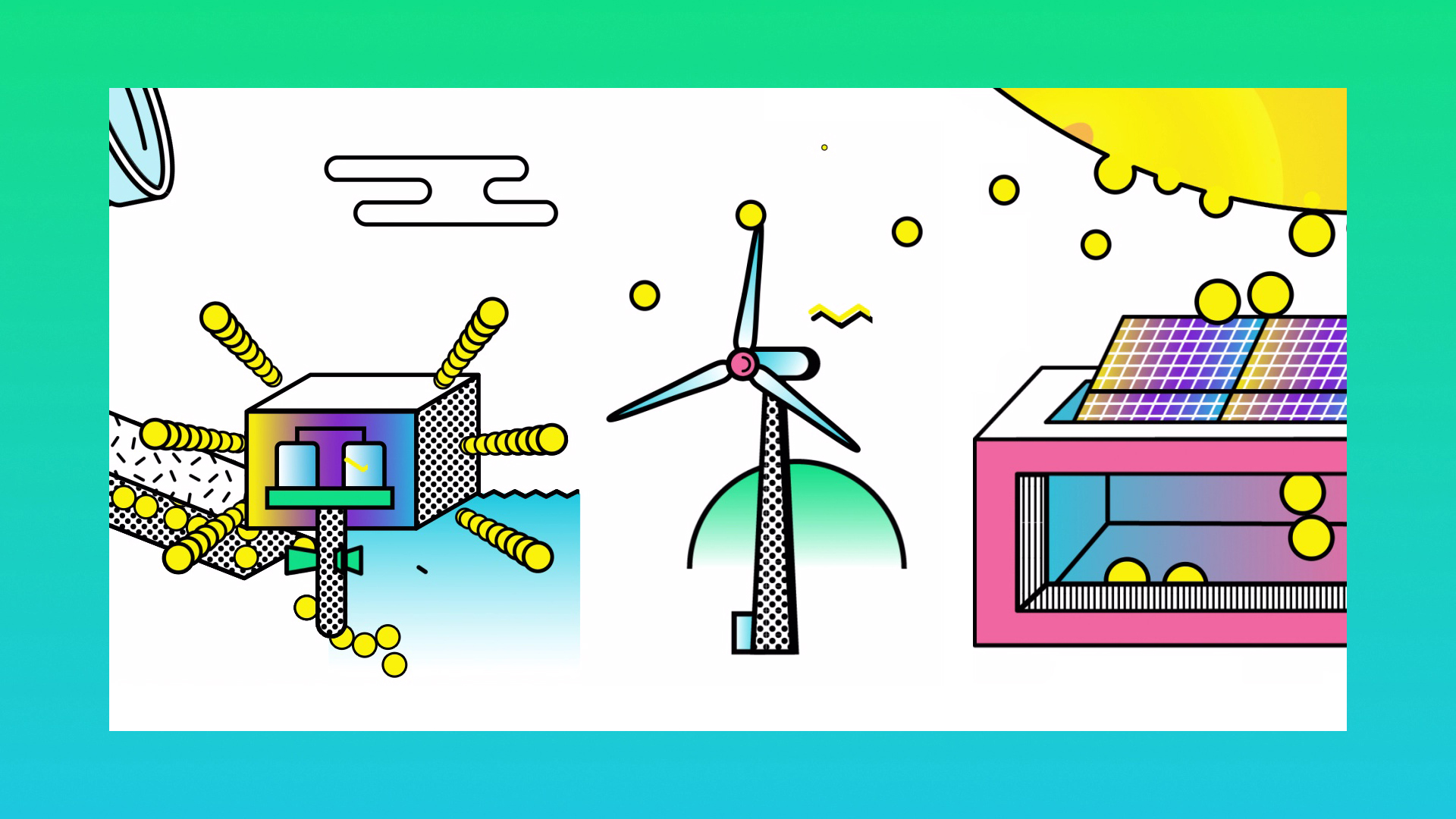 Bilde av animert vindmølle, vannkraftverk og solceller som fanges i solcellepanel